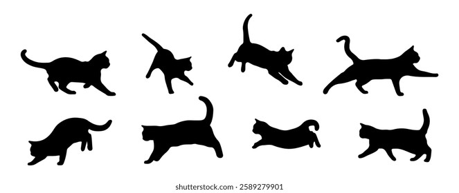 Set of vector collection of cat silhouettes in different poses on a white background. Cat silhouette in doodle drawing style.