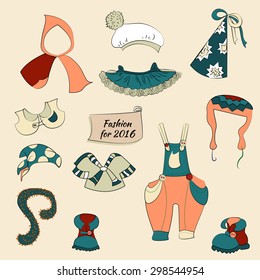 Set vector collection children's clothes. Fashion isolated  silhouette. 