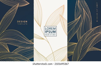 Set of vector collection design elements: labels, frames, wedding invitations, social net stories,   packaging, luxury products, perfume, soap, wine, lotion. Golden leaves, art deco