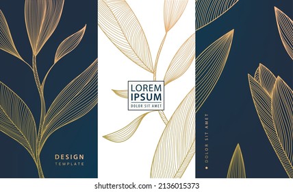 Set of vector collection design elements: labels, frames, wedding invitations, social net stories,   packaging, luxury products, perfume, soap, wine, lotion. Golden leaves, art deco