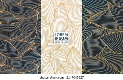 Set of vector collection design elements: luxury labels, frames, wedding invitations, social net stories, packaging, luxury products, perfume, soap, wine, lotion. Golden leaves, art deco