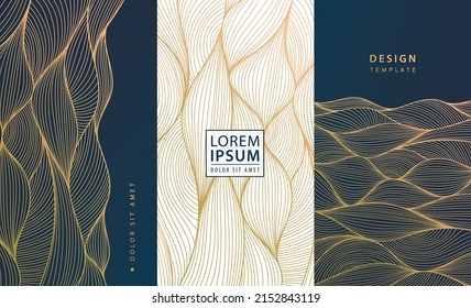 Set of vector collection design elements: labels, frames, wedding invitations, social net stories, packaging, luxury products, perfume, soap, wine, lotion. Wavy line golden backgrounds, patterns