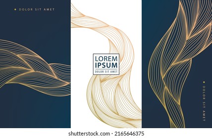 Set of vector collection design elements: labels, frames, wedding invitations, social net stories, packaging, luxury products, perfume, soap, wine, lotion. Wavy line golden backgrounds, patterns