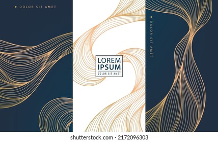 Set of vector collection design elements: labels, frames, wedding invitations, social net stories, packaging, luxury products, perfume, soap, wine, lotion. Wavy line golden backgrounds, patterns