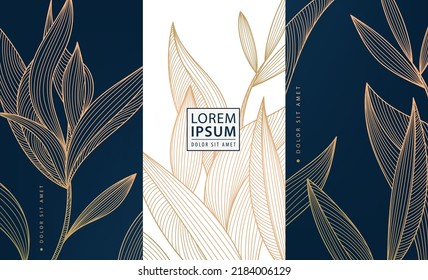 Set of vector collection design elements: labels, frames, wedding invitations, social net stories,   packaging, luxury products, perfume, soap, wine, lotion. Golden leaves, art deco