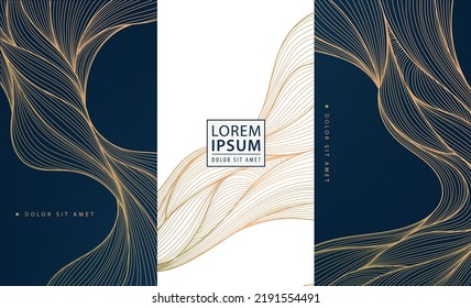 Conjunto de elementos de diseño de colección vectorial: etiquetas, marcos, invitaciones a bodas, historias de redes sociales, empaque, productos de lujo, perfume, jabón, vino, loción. Fondo dorado de línea ondulada, patrones