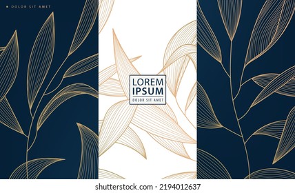 Set of vector collection design elements: labels, frames, wedding invitations, social net stories,   packaging, luxury products, perfume, soap, wine, lotion. Golden leaves, art deco