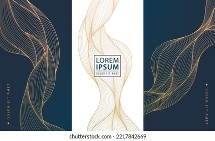 Set of vector collection design elements: labels, frames, wedding invitations, social net stories, packaging, luxury products, perfume, soap, wine, lotion. Wavy line golden backgrounds, patterns