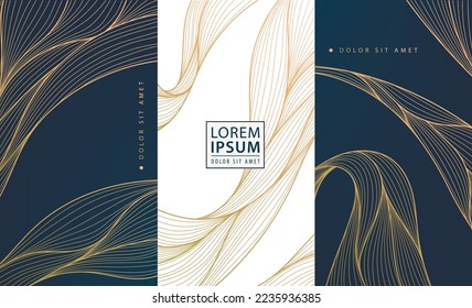 Set of vector collection design elements: labels, frames, wedding invitations, social net stories, packaging, luxury products, perfume, soap, wine, lotion. Wavy line golden backgrounds, patterns