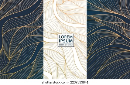 Set of vector collection design elements: labels, frames, wedding invitations, social net stories, packaging, luxury products, perfume, soap, wine, lotion. Wavy line golden backgrounds, patterns