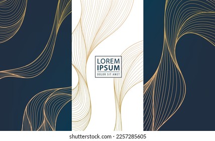 Set of vector collection design elements: labels, frames, wedding invitations, social net stories, packaging, luxury products, perfume, soap, wine, lotion. Wavy line golden backgrounds, patterns