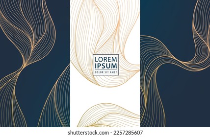 Set of vector collection design elements: labels, frames, wedding invitations, social net stories, packaging, luxury products, perfume, soap, wine, lotion. Wavy line golden backgrounds, patterns