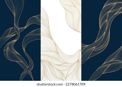 Set of vector collection design elements, labels, frames, wedding invitations, social net stories, packaging, luxury products, perfume, soap, wine, lotion. Wavy line golden backgrounds, patterns
