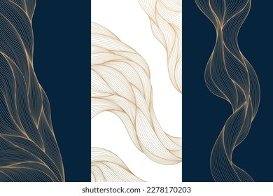 Set of vector collection design elements, labels, frames, wedding invitations, social net stories, packaging, luxury products, perfume, soap, wine, lotion. Wavy line golden backgrounds, patterns