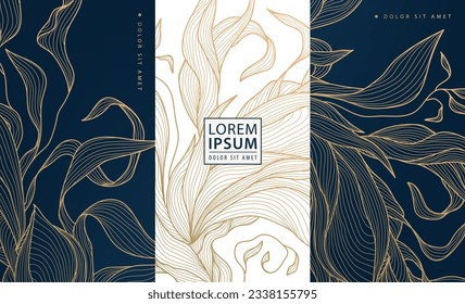 Conjunto de elementos de diseño de colección vectorial, etiquetas, marcos, invitaciones de boda, relatos sociales, embalaje, productos de lujo, perfume, jabón, vino, loción. Antecedentes de estilo floral japonés