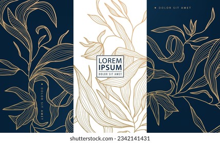 Set of vector collection design elements, labels, frames, wedding invitations, social net stories, packaging, luxury products, perfume, soap, wine, lotion. Floral japanese style background
