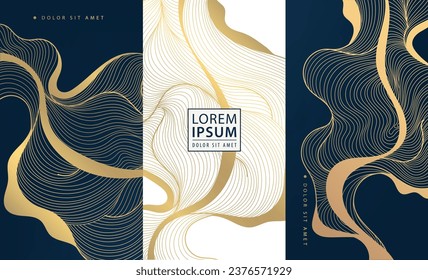 Set of vector collection design elements, labels, frames, wedding invitations, social net stories, packaging, luxury products, perfume, soap, wine, lotion. Golden ribbons background.