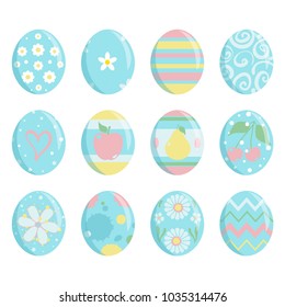 Set of vector collection elements for Eastern design. Kawaii colored eggs with cute different arts in each egg. Cute signs, symbols, icons or stickers. Flat cartoon style