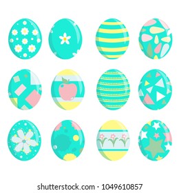 Set of vector collection elements for Eastern design. lovely eggs with cute flowers, fruit, geometric arts. Cute signs, symbols, icons or stickers. Flat cartoon style, punch pastel trendy colors
