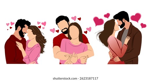 Set, vector collection of hugging couples in love decorated with love symbols