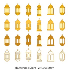 set of vector collection of lanterns in 3d, flat, silhouette and outline shapes