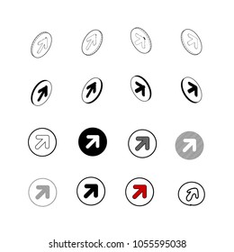 Set of vector Collection modern vector. Arrow icon multi type of 3d isometric, solid, line, scribble hatch, doodle, shadow isometric and a little colour on white background