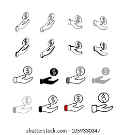 Set of vector Collection modern vector. Hand Hold Money multi type of 3d isometric, solid, line, scribble hatch, doodle, shadow isometric and a little colour on white background