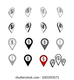 Set of vector Collection modern vector. Location Money multi type of 3d isometric, solid, line, scribble hatch, doodle, shadow isometric and a little colour on white background