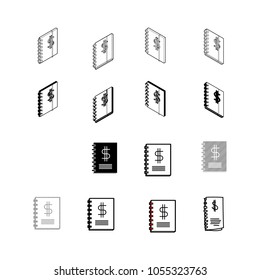 Set of vector Collection modern vector. Money Note Book icon multi type of 3d isometric, solid, line, scribble hatch, doodle, shadow isometric and a little colour on white background