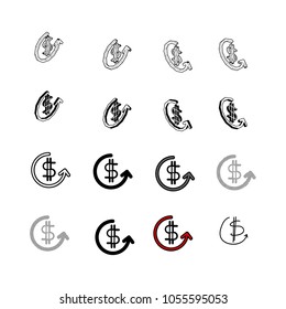 Set of vector Collection modern vector. Money Return icon multi type of 3d isometric, solid, line, scribble hatch, doodle, shadow isometric and a little colour on white background
