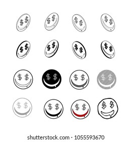 Set of vector Collection modern vector. Smile Money of multi type 3d isometric, solid, line, scribble hatch, doodle, shadow isometric and a little colour on white background