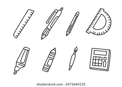 Set vector collection of office supplies. A set of school or office supplies. Colorless illustration. Back to school vector graphics