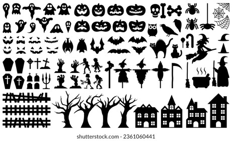 set of vector collection of silhouettes of halloween objects and symbols