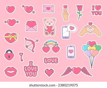 set of vector collection of stickers of objects related to Valentine's Day