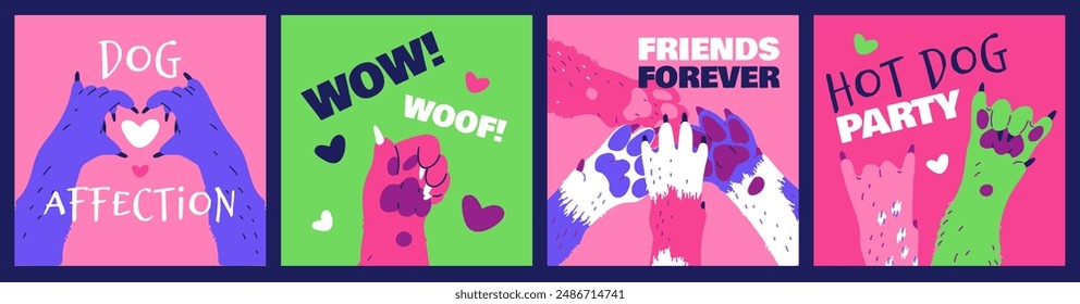 A set of vector collections of illustrations of dog paws depicting various gestures: heart, thumbs up and many others. Perfect for pet-themed design.
