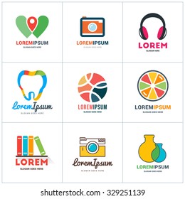 Set of Vector Coloful Logo Templates. Lab, Pin, Photographer, Headphones, Dentist, Juice, Bookstore, Photographer, Medicine