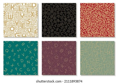 Set of vector color alphabet patterns, covers, cards. Stylish fashion backgrounds with letters. Trendy elegant prints.
