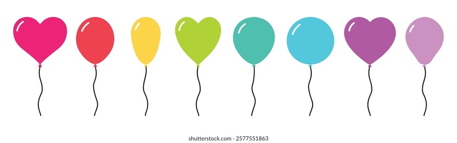 Set of vector color balloons. Bunch of helium balloons for birthday, party anniversary, wedding, baby shower. Balloon in cartoon style. Bunch of balloons for birthday party decoration