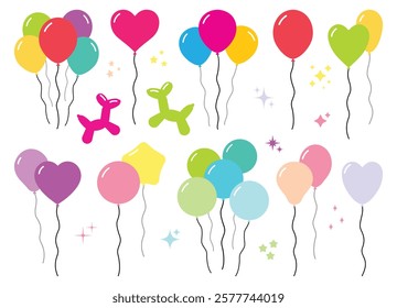 Set of vector color balloons. Bunch of helium balloons for birthday, party anniversary, wedding, baby shower. Balloon in cartoon style. Bunch of balloons for birthday party decoration. Sparkles, stars