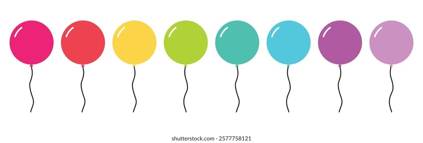 Set of vector color balloons. Bunch of helium balloons for birthday, party anniversary, wedding, baby shower. Balloon in cartoon style. Bunch of balloons for birthday party decoration