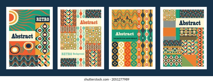 Set of vector color blocking artwork cover, posters or event banner with abstract geometric elements and forms, retro color theme. Geometric print, pattern, background.