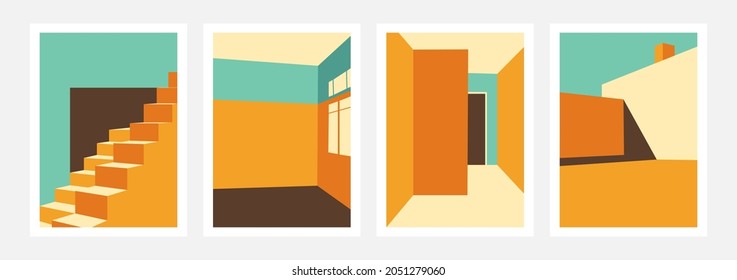 Set of vector color blocking artwork cover, posters with simple abstract stairs, empty room and deck, retro color theme. Geometric pattern, background.