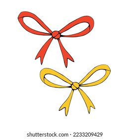 Set of vector color bows, ribbons in flat doodle style. Clip arts, decorations, tradition elements of holiday design isolated on white background