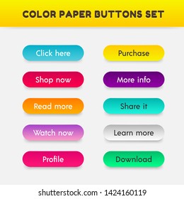 Set of vector color button in modern paper cut style. 3d ui trendy gradient elements with shadow