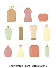 Conjunto de botellas cosméticas de color vectorial en estilo Flat sobre un fondo blanco. Colección de diferentes formularios y tipos de contenedor
