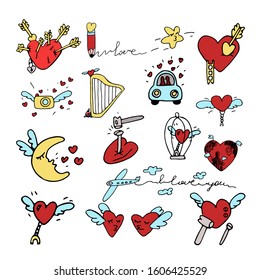 Set of vector color doodles for Valentine's Day or on the theme of love relationships: winged moon, heart with arrows, winged heart in a cage, people kiss in a car, pencil, harp, camera, plane.