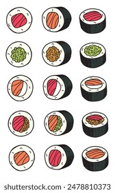 conjunto de dibujo de color de Vector de rollos de sushi