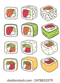 set of vector color drawing of sushi rolls