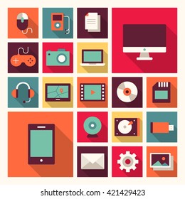 Set of vector color flat technology icons with long shadows