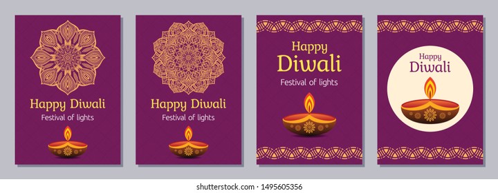 Set of vector color flyers, posters, banners, placards, brochure design templates for Diwali celebration day, Happy Diwali festival. Vertical cards with mandalas, letterings and festive oil lamps.